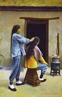 Pigtail: China - A Chinese Barber, preparing a long pigtail