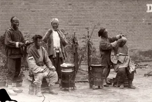 Barbers: Chinese barbers at work, Peking, Beijing, c.1900, China