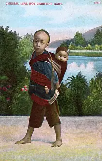 Pigtail: Chinese boy carrying his younger sibling on his back