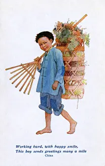Patched: Chinese country boy with rake and laden backpack