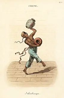 Tumbler: Chinese juggler dancing and juggling with two large vases