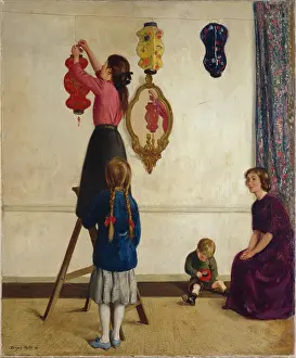 Denys: Chinese Lanterns ' girl hanging up lanterns