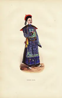 Tabard: Chinese mandarin in embroidered tabard and hat with feather
