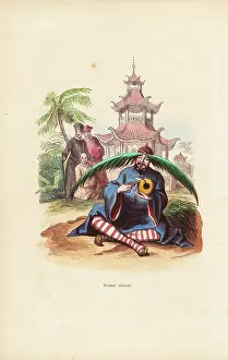 Wahlens: Chinese monk with palm leaf hat sitting in
