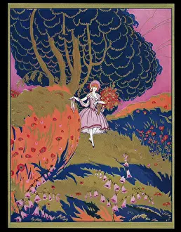 Foxgloves: Chocolate box design, lady with bunch of flowers
