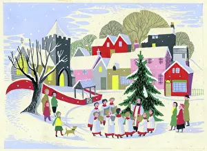 Esme: Choir singing round Christmas tree in snow