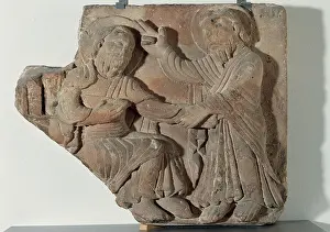 Blessed: Christ blessing (Right) to St. Peter. (Left). Stone. Relief