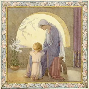Buries: The Christ child buries his head in the lap of the Virgin Ma