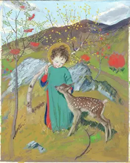 Christ Child with spotted red deer calf