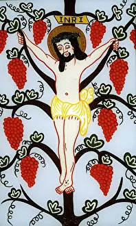 Eglomise: Christ on the cross with grapes
