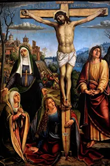 Christianism: Christ on the cross, the Three Marys on mourning by John and