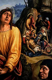 Christianism: Christ on the cross, the Three Marys on mourning by John and