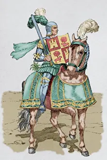 Reconquista: Christian Knight. Engraving from a codex of the 14th century