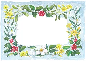 Christmas Border of Mistletoe, Holly, Snowdrops