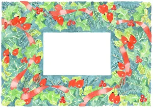 Rosehips: Christmas border with red ribbon, holly etc