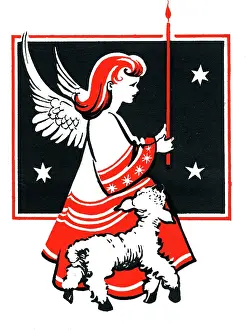 Lambs: Christmas card, Angel and lamb