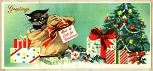 Sack: Christmas card, Black kitten in a sack