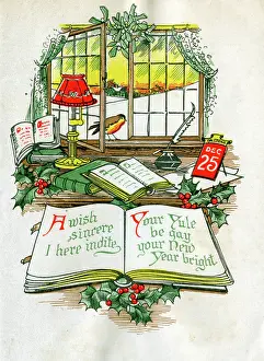 Mistletoe: Christmas card with desk, window and robin