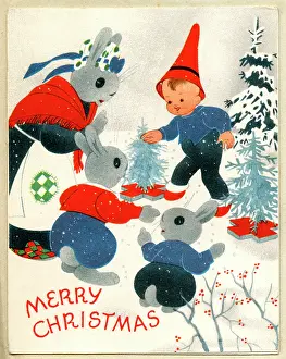 Bunny: Christmas card, Pixie and Bunny Rabbits in Snow
