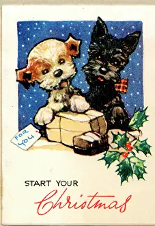 Parcels: Christmas card, Two puppies with parcels