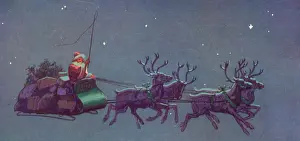 Sleigh: Christmas card, Santa on his sleigh