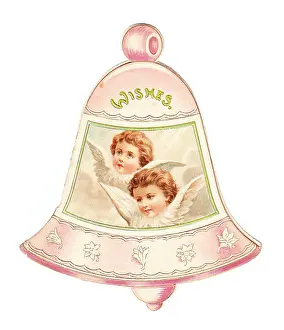 Clapper: Christmas card in the shape of a bell with cherubs