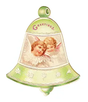 Clapper: Christmas card in the shape of a bell with cherubs