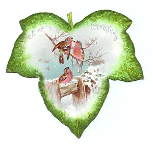 Chaffinches: Christmas card in the shape of a green leaf with birds