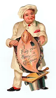 Fishmongers: Christmas card in the shape of a man holding a fish