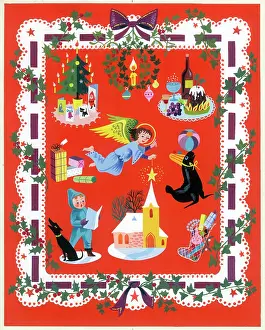 Threaded: Christmas emblems on red background