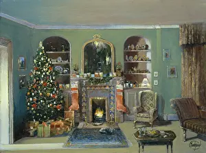Mantlepiece: Christmas Eve – tree, fireplace, stockings