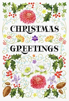 Christmas Greetings with chrysanthemums etc