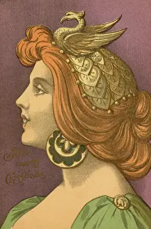 Auburn: Christmas Greetings Postcard featuring glamorous redhead