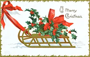 Clapsaddle: Christmas Holly being pulled along atop a wooden frame
