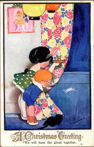 Cowham: Christmas postcard, children with cat and mouse