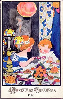 Cowham: Christmas postcard, children with cracker