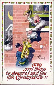 Silencing: Christmas postcard, Man silences tuba player