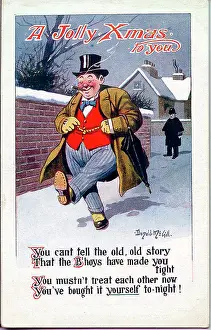 Drunks: Christmas postcard, Tipsy man walking home