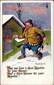 Creeps: Christmas postcard, Tramp creeps up on a turkey
