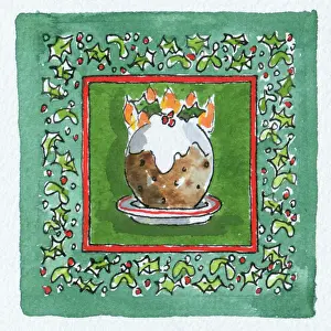 Crossland: Christmas Pudding with border of holly and mistletoe