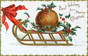 Clapsaddle: Christmas Pudding being pulled along atop a wooden sled