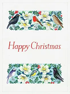 Starling: Christmas roses, holly and six different birds