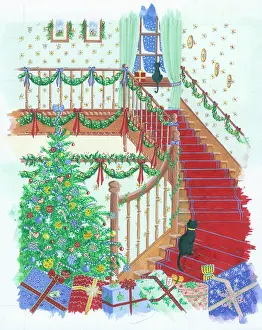 Groucutt: Christmas Staircase with red carpet