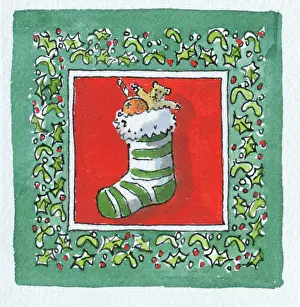 Crossland: Christmas Stocking with border of holly and mistletoe