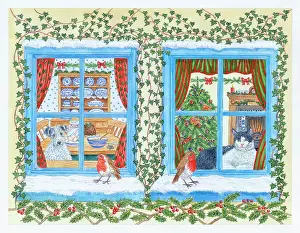 Bradbury: Two Christmas Windows with dog and cat