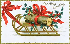 Clapsaddle: Christmas Yule Log being pulled along atop a wooden frame