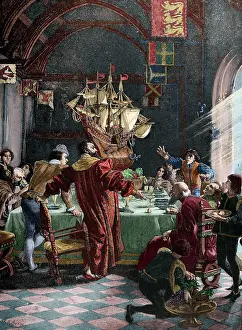 Columbus: Christopher Columbus (1451-1506). Engraving. Colored