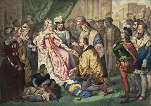Admiration: Christopher Columbus kneeling in front of Queen Isabella I