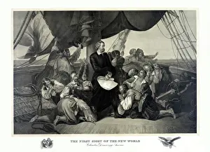 Finding: Christopher Columbus standing among his crew aboard