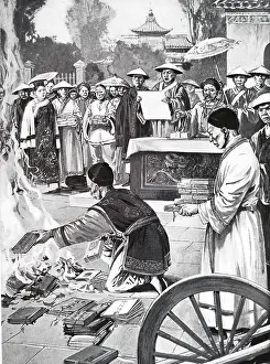 Booking: A chromolithograph depicting the burning of books